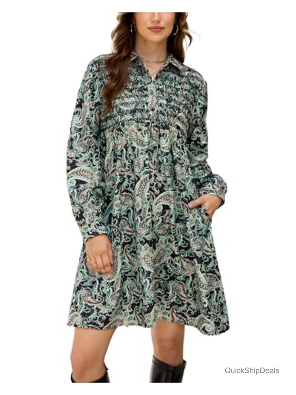 Women's Corduroy Floral Babydoll A-Line Mini Dress Long Sleeve Collared